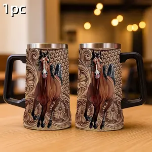 1pc 24oz Portable stainless steel insulated travel mug with vivid running horse print on tooled leather background, rustic cowboy aesthetic, office or on the go, Insulated tumbler, Insulated Drinkware
