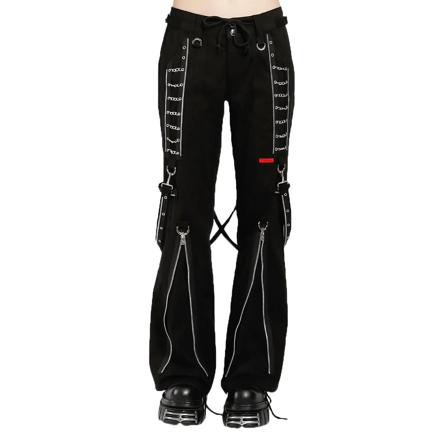 Women's Tripp NYC Punk Silver Multi-Chain Statement Pants - 100% Cotton, Casual, Adjustable Drawstring-Fit Bottoms with Straps, Zipper, Belt Loops, Seam Pocket