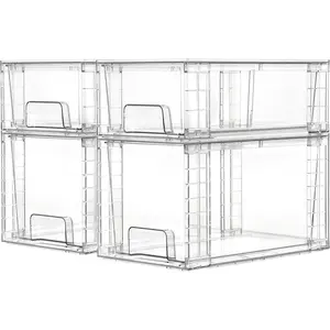 4 Pack Clear Stackable Storage Drawers,Under Sink and Kitchen Organizers Storage,Easy to Assemble Plastic Drawers for Baby Bottle,Medicine, Bathroom,Cabinet and Pantry Organization