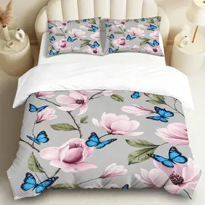 3PCS Duvet Cover Set, 1 Duvet+2 Pillowcases(Without filler), Floral Butterfly Pink Grey theme, Spring bedding set, Nature Print Soft Comfortable Suitable for decoration Bedroom Living Room Guest Room.