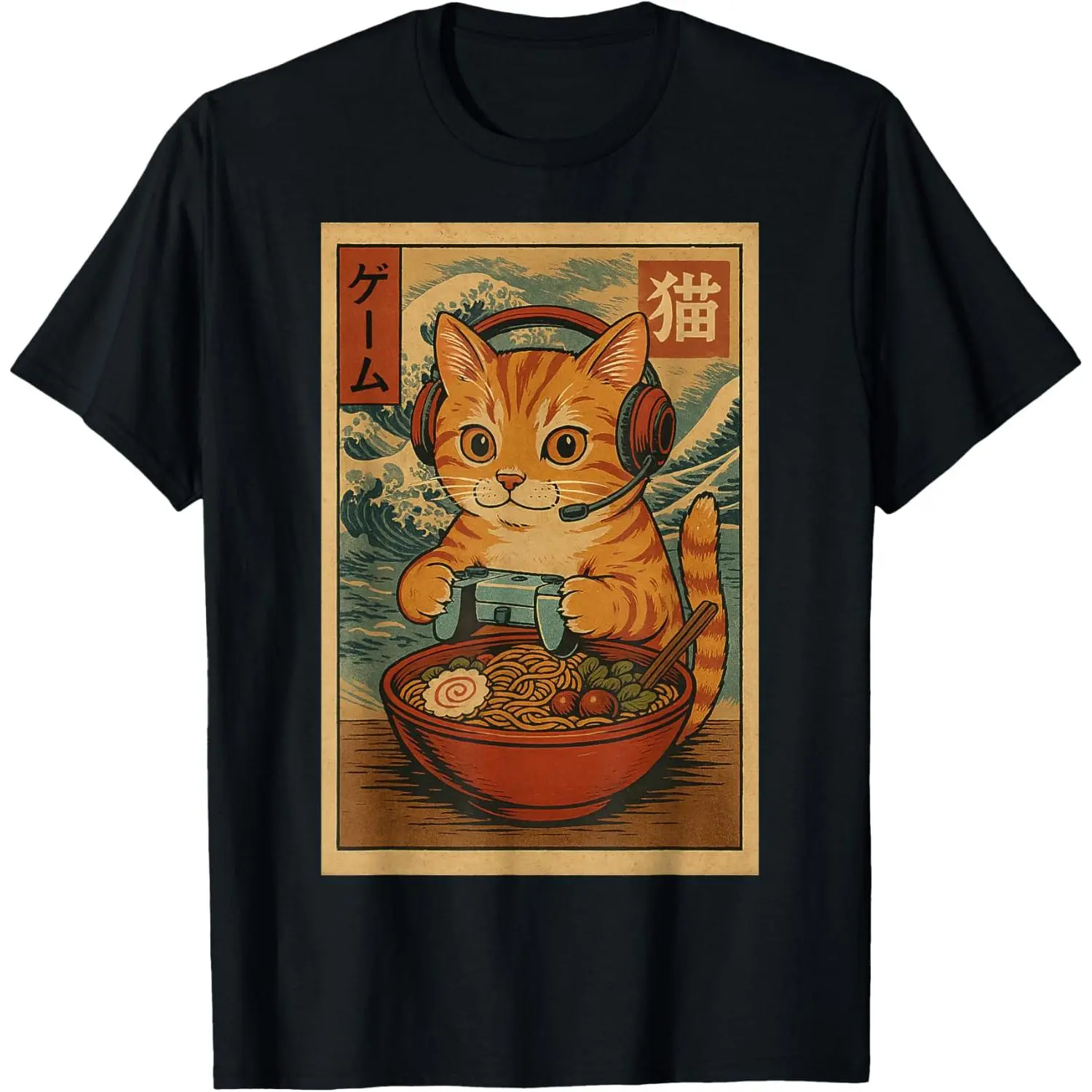 Men's Pure Cotton Casual Fitness Natural Short-Sleeve Kawaii Anime Gamer Cat Ramen Retro Japanese Gaming Funny Graphic T-Shirt, Menswear Top Gift for Men