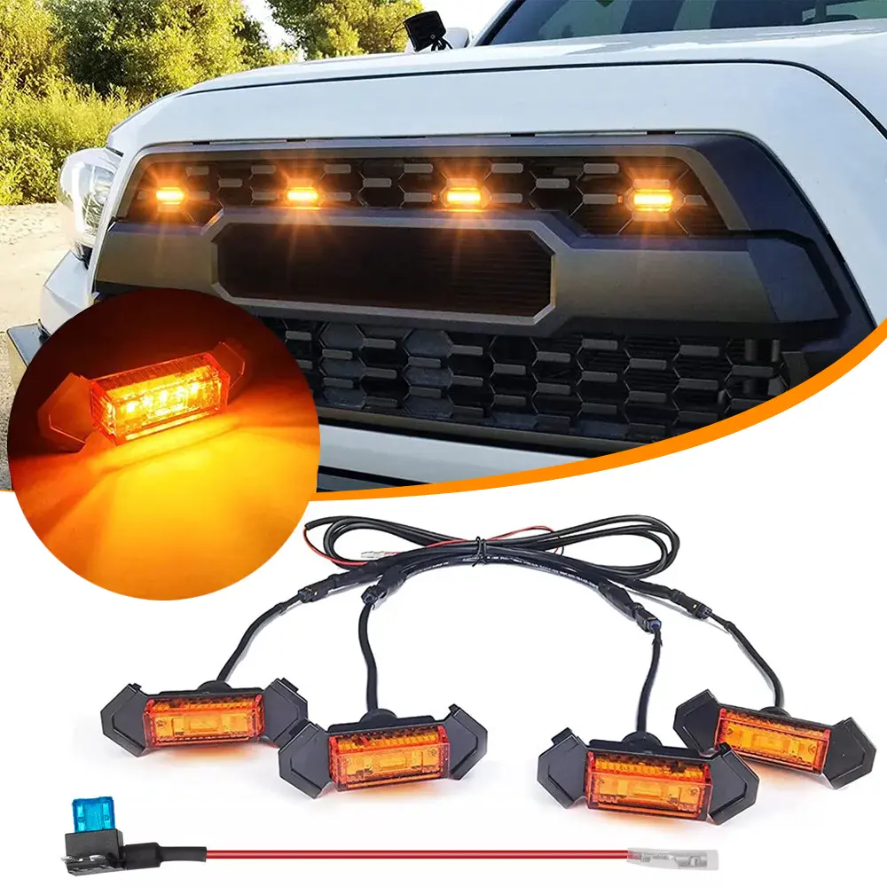 4x LED Amber Tint Grille Auxiliary Automotive Car Lights Kit Set for Toyota Tacoma TRD Pro 2016-2023, Raptor-Look Auxiliary Lights, Automotive Car Light