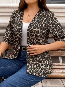 Fashion Leopard Print V-Neck Cardigan, European Vintage Style, Loose Fit Slimming Mid-Sleeve Jacket, Plus Size Women's Elegant Casual Outerwear