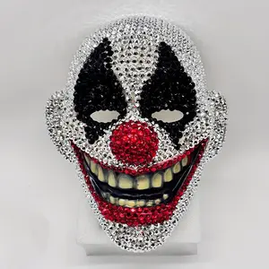 Rhinestone Encrusted Scary Clown Mask, Sparkly Halloween Cosplay Mask with Red Nose, Full Face Bling Mask for Costume Parties & Events outdoorfun