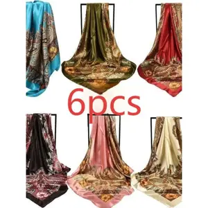 6-Piece Women's Satin Scarf Set, Paisley and Walnut Print, Lightweight All-Season Wear, Casual Style with Fitted Look