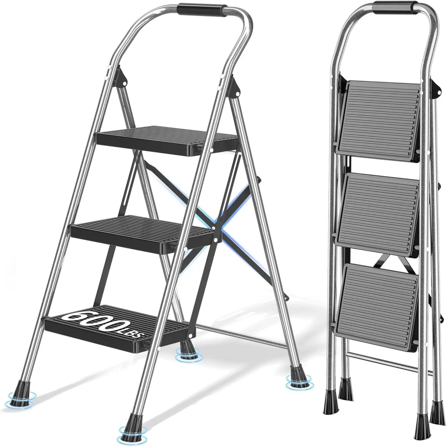 3-Step Iron Step Ladder with Handrails, 9mm Alloy Steel, 600 lbs Capacity, Foldable Floor Grip, Durability & Enhanced Safety, Aesthetic Design for Home Indoor Use, Closets Heavy-Duty Performance