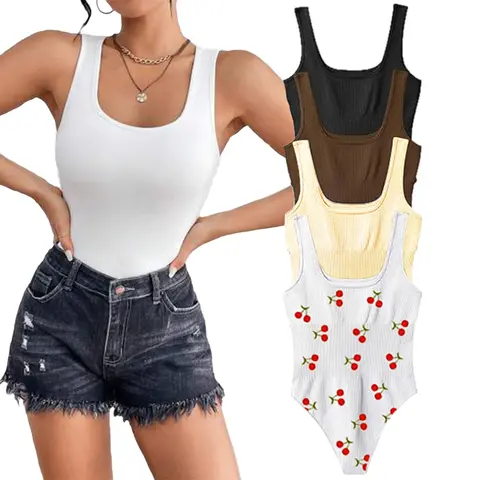 【Limited Time Deal】Ladies' 4-Piece Stretchy Nylon Spandex Knit Bodysuits - Sexy Ribbed Sleeveless Square Neck Tank Tops, Minimalist Fabric Snap Button Leotards, 2025 Trendy Seamless Tops with Straps Pairable with Denim for Beach