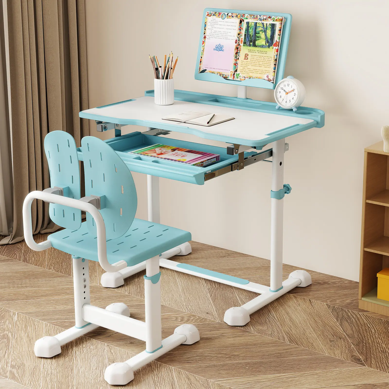 COSTWAY - Kid's Study Desk and Chair Set with Tilt Desktop and Book Stand-Blue