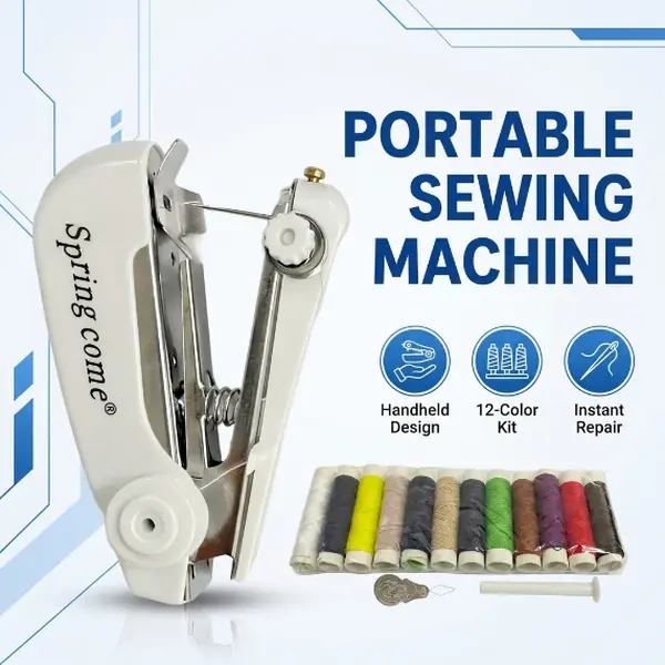 12 assorted coloured bobbins + assorted coloured spools + threader; portable mini sewing machine; handheld manual sewing machine for easy sewing; portable home sewing machine; white – 1 piece; small sewing machine