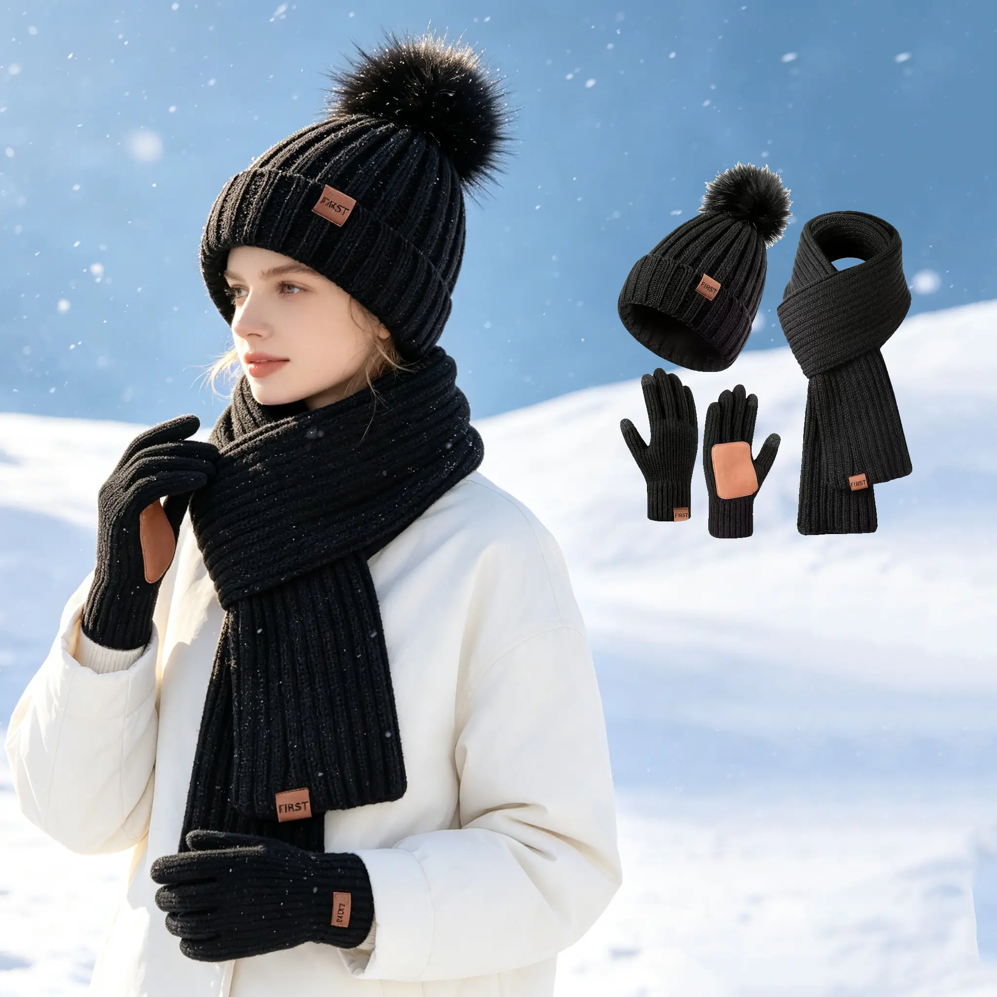 Women's 3-in-1 Winter Beanie Hat-Scarf-Gloves Set, Pom Pom Beanie, Long Neck Warmer, Touchscreen Gloves Winter Beanie Hat Scarf Gloves Set for Women Men