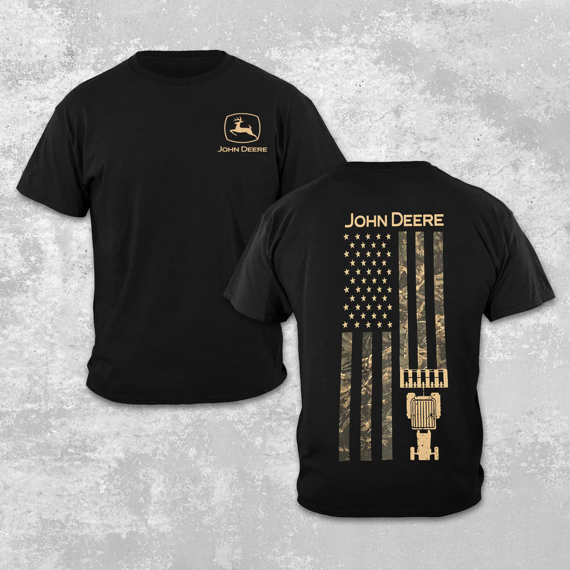 Vintage John Deere Tractor Vintage Tee, Country Boys Fan Merch |   John Deere Deer Logo Front Camo American Flag Tractor Back Graphic T-Shirt, Patriotic Farming Short Sleeve Heavyweight Cotton Country Lifestyle Tee