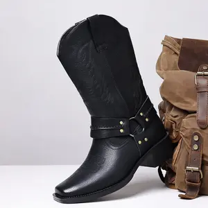 Men's Western Cowboy Boots Ankle Strap Buckle Embossed Shaft Comfortable Low Heel Pull Tab Casual Smart Footwear Black Brown Versatile Daily Wear