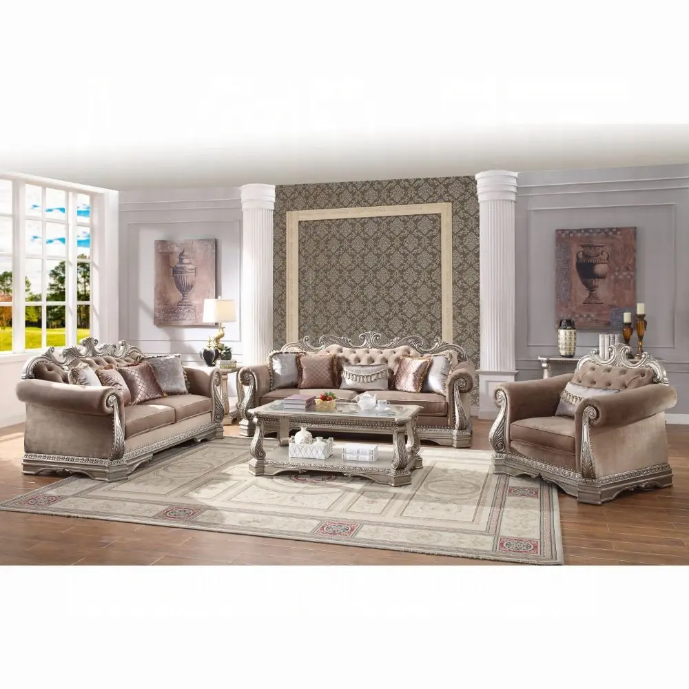 Acme 56930-31 Rosdorf Park Leanos Northville 2-Pc Antique Silver Wood Velvet Upholstered Living Room Boneless Sectional Couch & Love Seat, Upholstered Sofas
