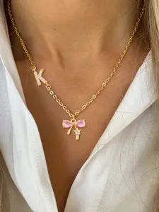 Women's Stainless Steel Chain Non Tarnish Necklace, Casual Style CZ Bling Zirconia Initial Bowknot Pendant Design, Durable & Lightweight Jewelry Accessory for Women, Exquisite Jewelry Gift