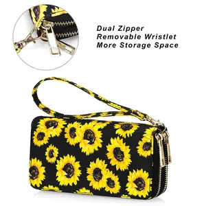 Double Zipper Long Clutch Wallet Cellphone Wallet with Removable Wristlet Strap for Credit Card, Cash, Coin, Bill