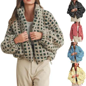 Ommig Women’s Long Sleeve Cropped Sherpa Fleece Plaid Jacket Casual Chunky Teddy Fleece Outerwear