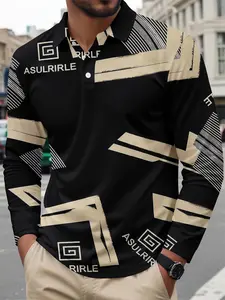 Men's Graffiti Print Long Sleeve Polo Shirt, Breathable Comfort Fit Casual Top, Spring & Fall Fashion, Stylish Button-Down Design, Fitted