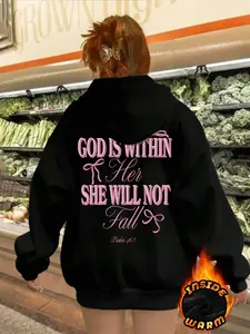 "God Is Within Her - Psalm 46:5" Religious Graphic Knit Fabric Loose Hoodie - Women's Black Fleece-Lined Oversized Sweatshirt Womenswear