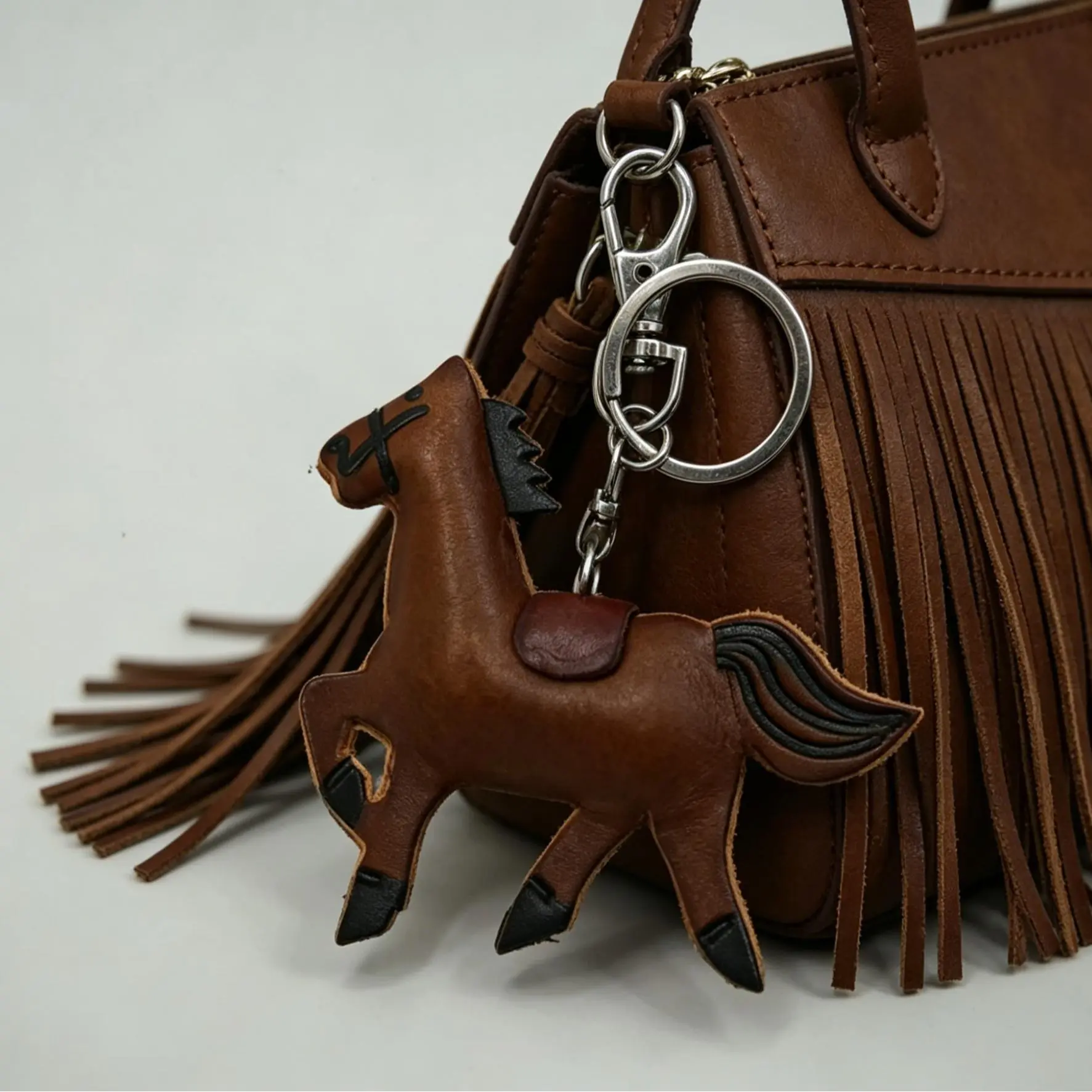 Handmade Top-Grain Leather Horse Shape Keychain Charm - Unisex Aesthetic Keychain, Western Animal Motif Accessory with Double Ring Clasp, Wallet-Bag-Phone Pendant, Handmade for You Father's Day Gift