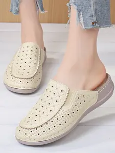Women's PU Slip-On Mules, Hand-Stitched Floral Edges, Eyelet Elastic Design, Lightweight Comfortable Work Travel Shoes
