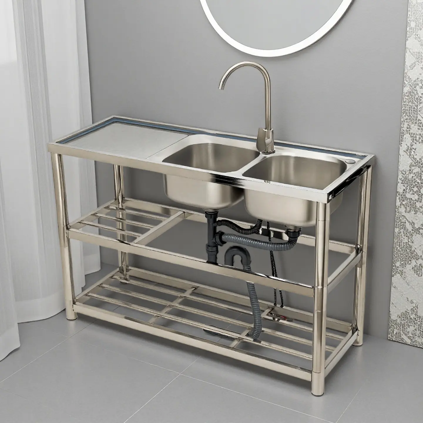 CNCEST Commercial Dual-Compartment Stainless Steel Kitchen Sink Unit Station, Freestanding Undermount Double Basin with Hot-Cold Water Plumbing & Faucet, 2 Shelves, 330LBS Capacity, Kitchen Counter Organizer for Restaurant, Garage