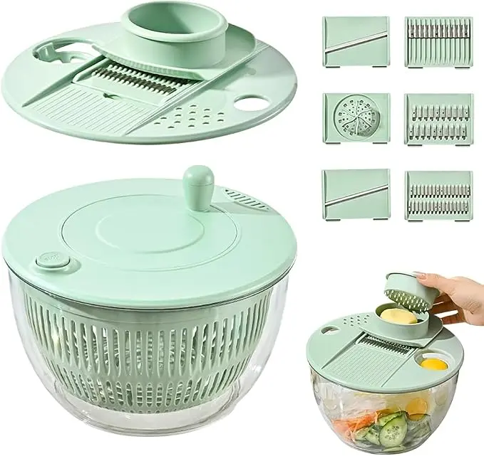 6-in-1 Vegetable Chopper & Salad Spinner, 6 Interchangeable Blades for Slicing, Julienne and Shredding, Rotating Colander Bowl with Clear Bowl for Fruits, Vegetables and Salad Prep