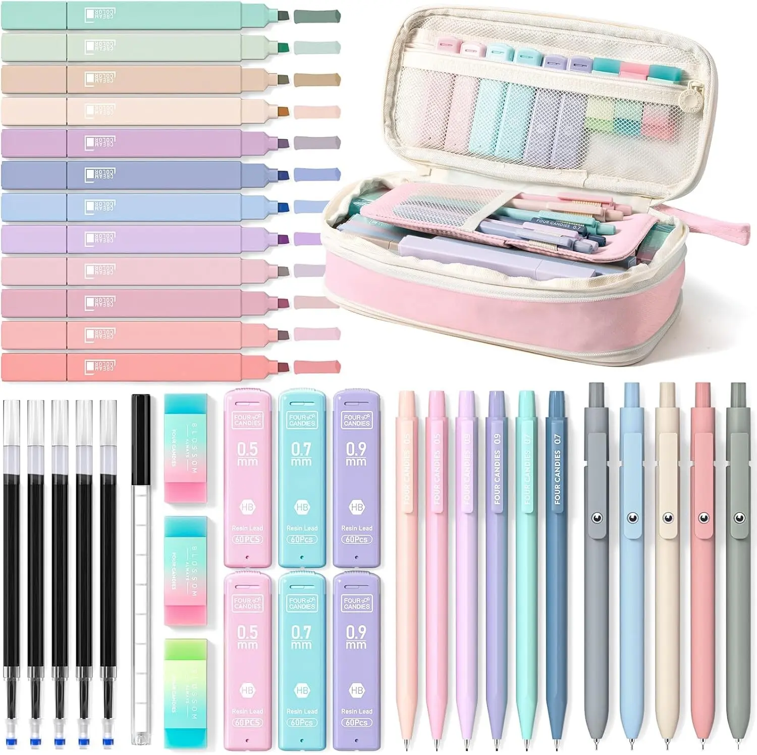 Four Candies School Supplies with Cute Pen Case, 39ct, Pink | Back to School Stationery Set, Essentials for College & Nursing Students, 5 Gel Pens, 6 Mechanical Pencils, 12 Highlighters Gift
