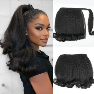 【New In】ISEE HAIR Kinky Straight Ponytail & Clip-In Hair Extensions 2-Piece Set 100% Human Hair Instant Volume Half Up Half Down Wig Instant Look #greenish#TikTokShopSpringGlowUp