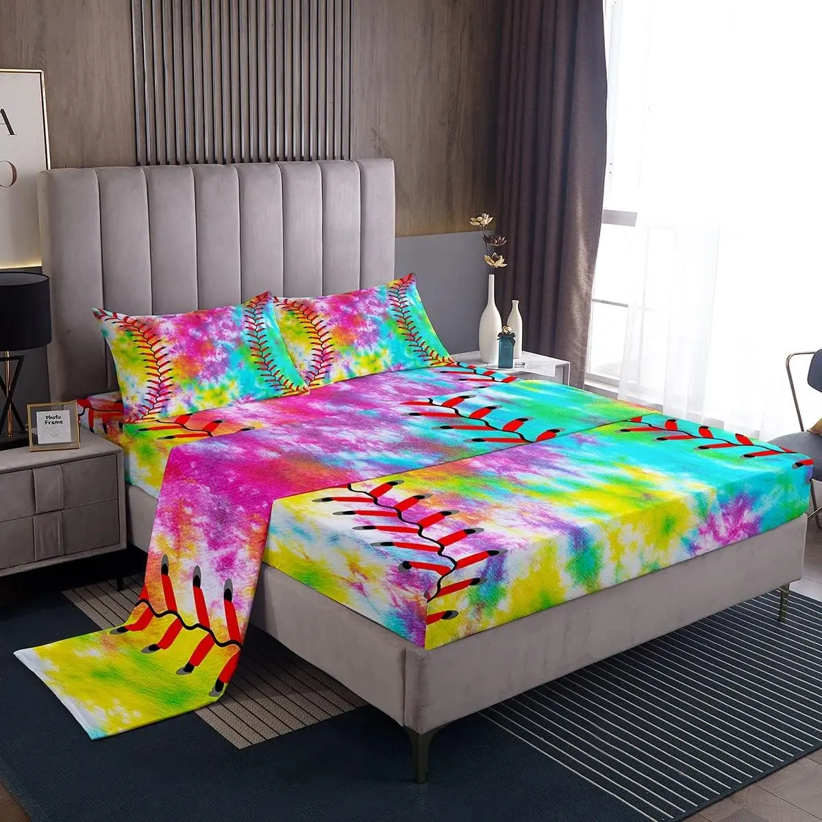 Feelyou Sports Theme Queen Size Bedding Set - Durable Tie Dye Fitted Sheet, Rainbow Soft Breathable Deep Pockets Bed Sheets Set for Sports Enthusiasts