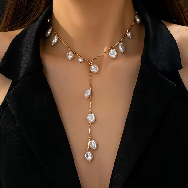 Women's Y Lariat Necklace with Pearl-Look Dangle Charms, Cascading Drop Pendant, Bohemian Bridal Jewelry, Elegant Romantic Statement Necklace for Wedding Guest Outfits, Bridesmaid Gifts, Date Night, Evening Dresses, Parties, Vacation and Anniversary Gifts