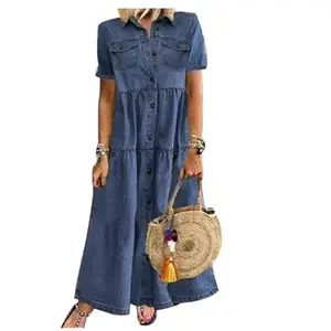 Women'sPlusSizeDenimDressShortSleeveTurnDownCollarButtonFrontLooseSwingJeanDress