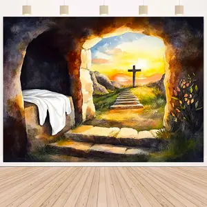 Decorative Religious Backdrop Featuring The Cross of Jesus Christ for Easter with Watercolor Stone Theme 59x80.7 Inches Perfect for Photography and Events