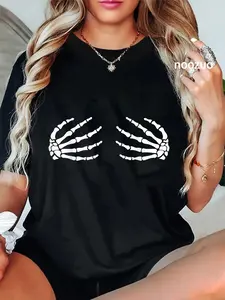 100% Cotton Halloween Boob Skeleton Hands Breast Scary Bra T-Shirt