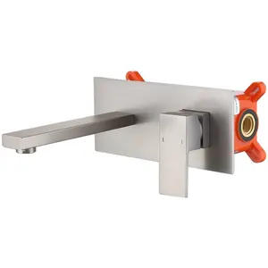 Wall Mount Faucet for Bathroom Sink or Bathtub, Single Handle 2 Holes Brass Rough-in Valve Included, Brushed Nickel