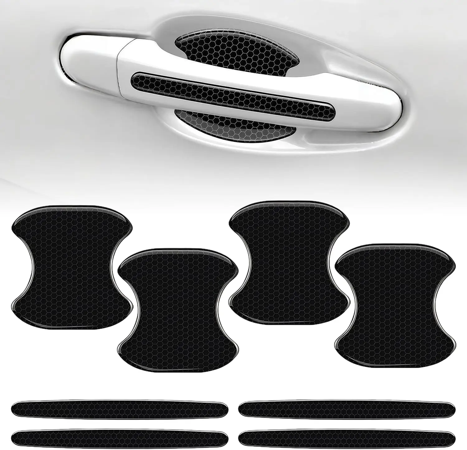 8PCS Car Door Handle Bowl Sticker, Reflective Anti-Scratch Auto Door Handle Cup Protector, Self-Adhesive Door Side Handle Paint Protective Film, Universal Vehicle Decoration Accessory (Black)
