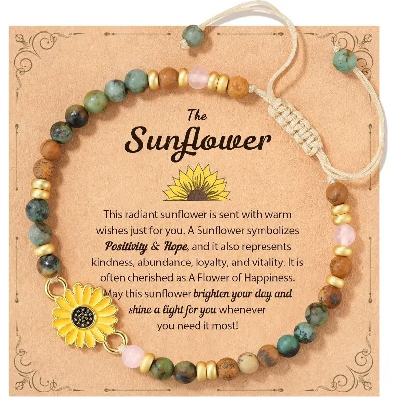 Women's Sunflower Pendant Bead Bracelet - Rose Quartz, African Turquoise, Durable Stainless Steel - Adjustable Positive Uplifting Fashion Accessory - Daily Wear Gifts for Women, Mother's Day