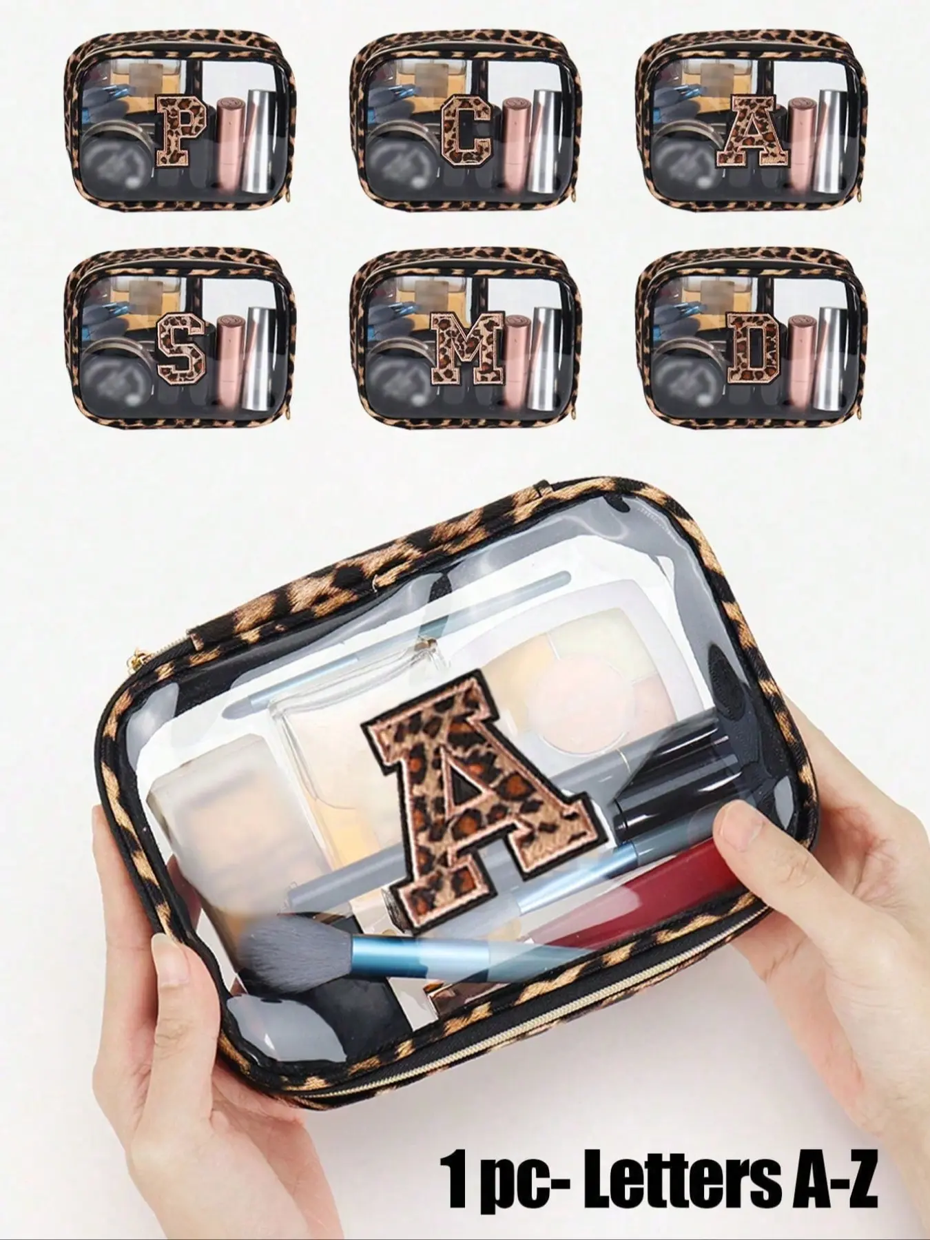 1 transparent PVC leopard print portable storage bag, with leopard print towel embroidered letters A-Z, large-capacity makeup storage bag, waterproof, with zipper, makeup bag, cosmetic pouch