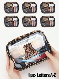 1 transparent PVC leopard print portable storage bag, with leopard print towel embroidered letters A-Z, large-capacity makeup storage bag, waterproof, with zipper, makeup bag, cosmetic pouch