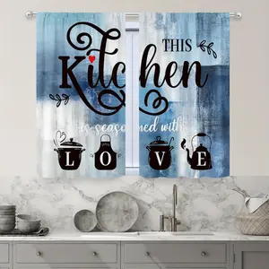 2pcs Navy Blue Grey Abstract Kitchen Semi Blackout Curtains Room Decoration, Vintage Farmhouse Teal Design, 28x40inch, Rod Pocket Design Short Drapes for Small Windows, Cafe, Shop, Kitchen, Bathroom Room Decor, Machine Washable ruffle boho living space