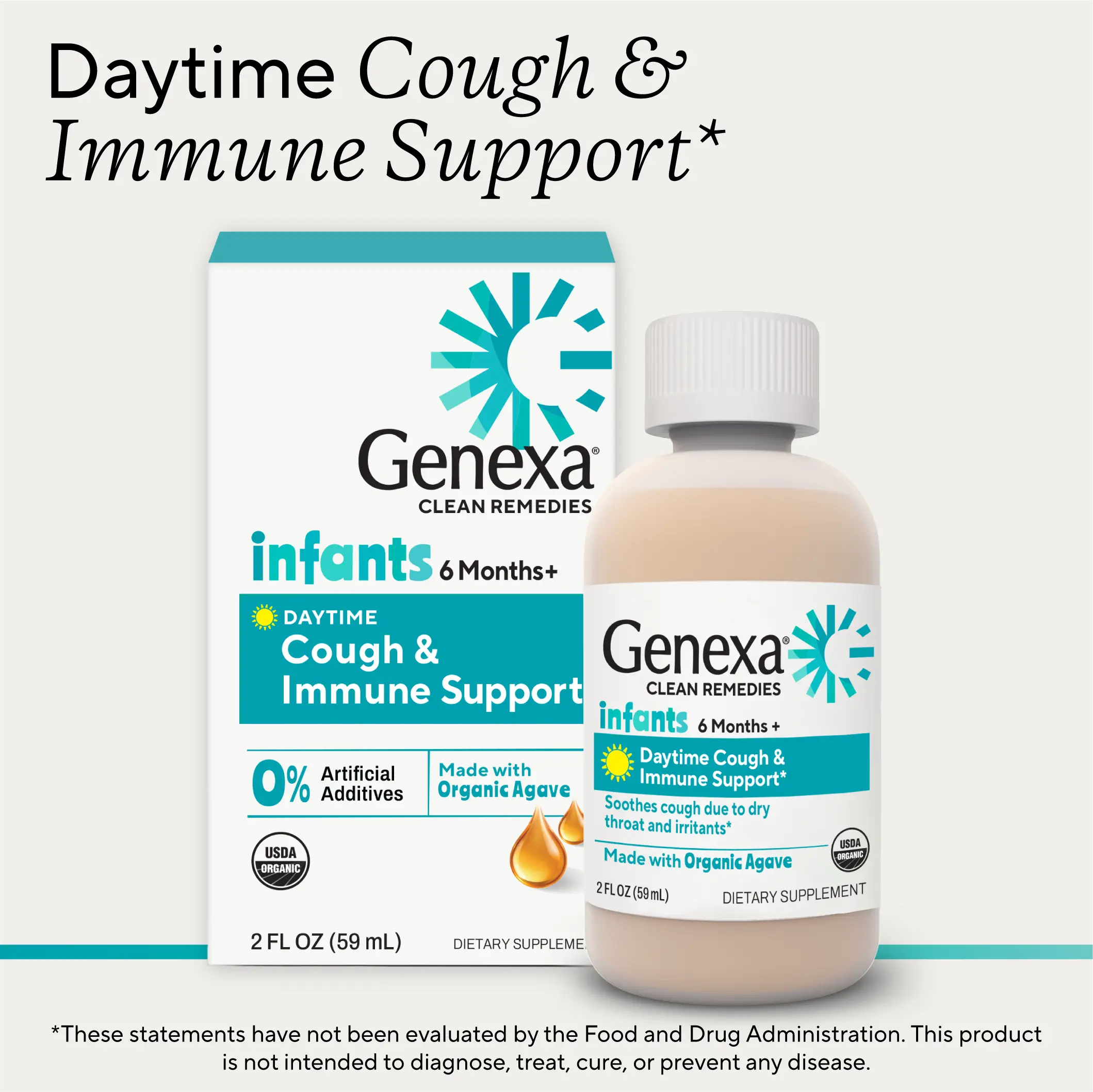 Genexa Baby Cough & Immune Support | 6 Months+ | Made Clean with Organic Agave & Zinc | Cough Syrup for Babies & Toddlers | Soothes Infant Cough & Supports Immune Health | 2 Fl Oz