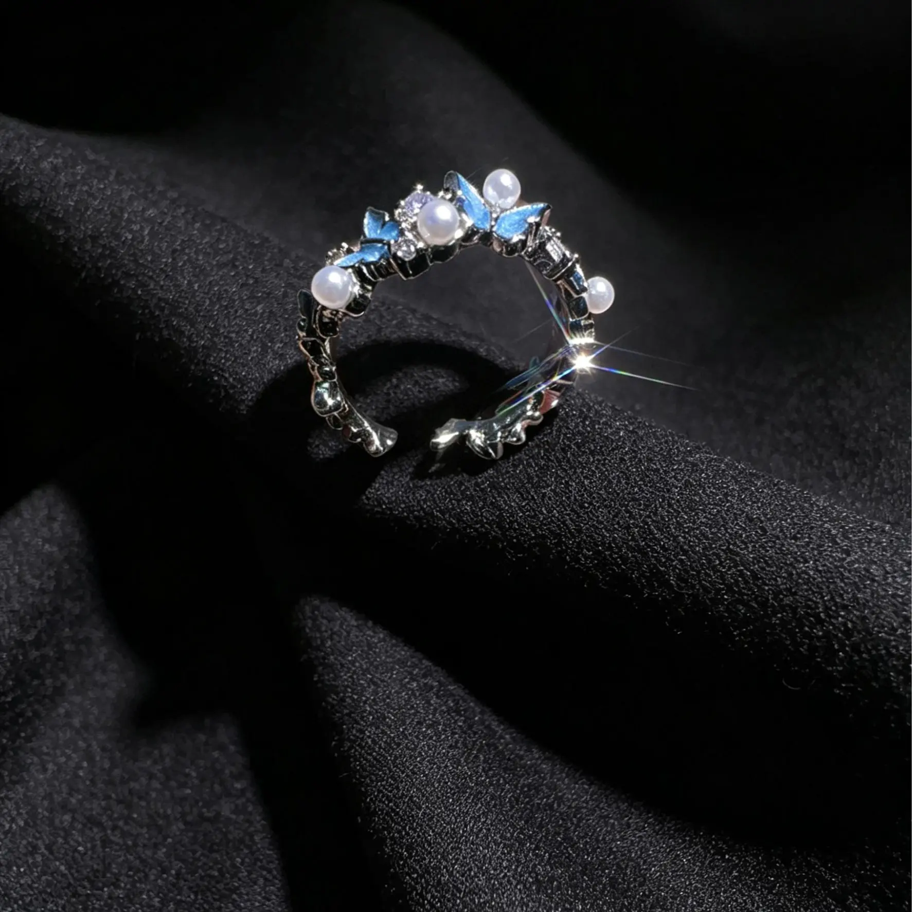 Elegant Butterfly Ring with Faux Pearl and Crystal Gems, Adjustable Alloy Plated Open Band, Fairy Theme Jewelry for Women, Butterflies, Party Wear, Exquisite Blue Enamel Butterflies, Glossy Faux Pearls