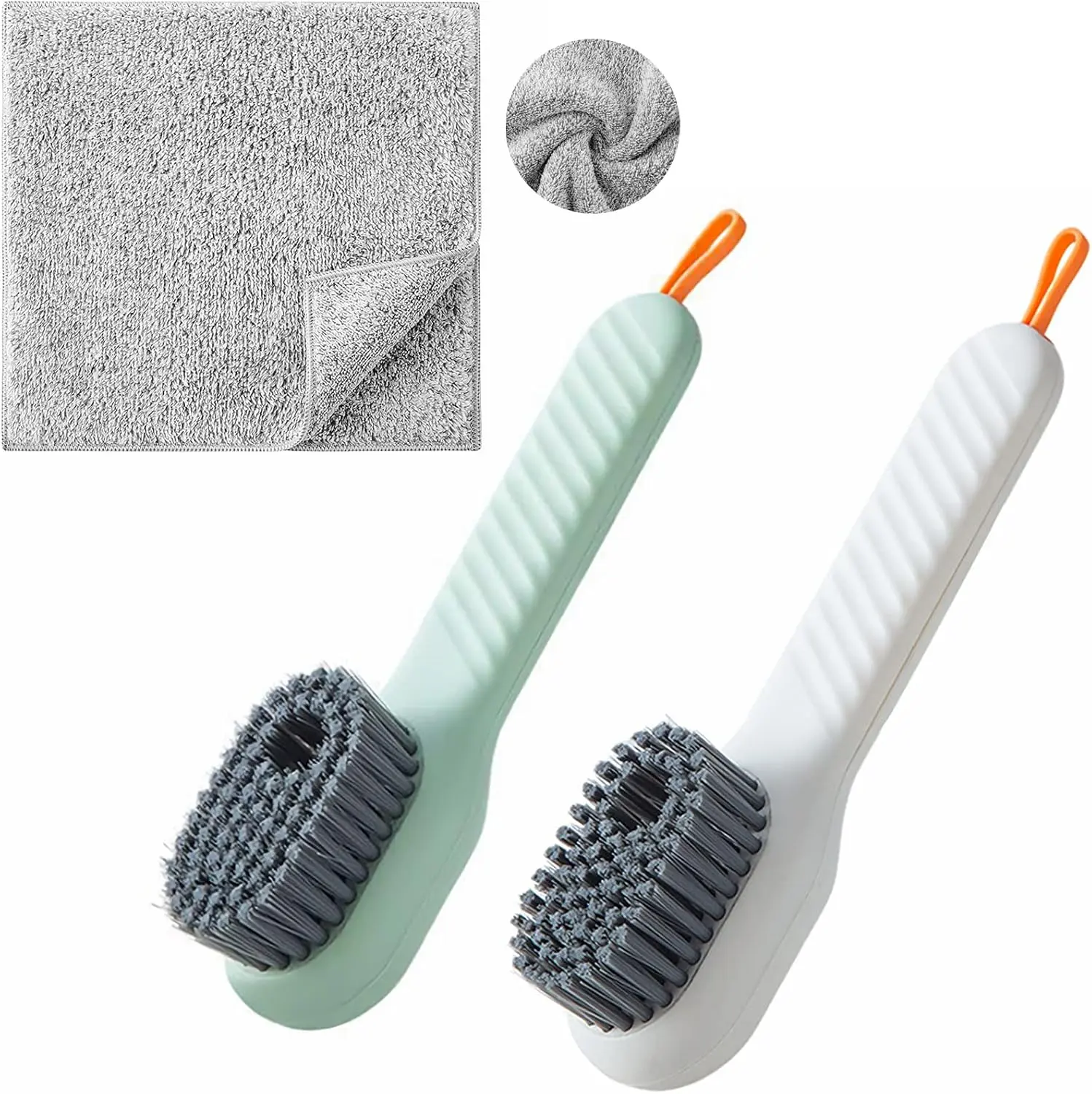 Liquid Adding Soft Fur Cleaning Brush, Multifunctional Cleaning Brush with Soap Dispenser, Multifunctional Liquid Shoe Brush, 2 Brushes + 2 Cleaning Cloths for Home Cleaning, Shoe Washing, Laundry