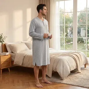 Men's Soft Loose Long Sleeve Nightshirt Nightgown Sleepwear - Comfy Big & Tall Henley Sleep Shirt for Sleeping Comfortable Breathable Fabric Perfect for Lounge Relaxation Home Wear S-XXL Size