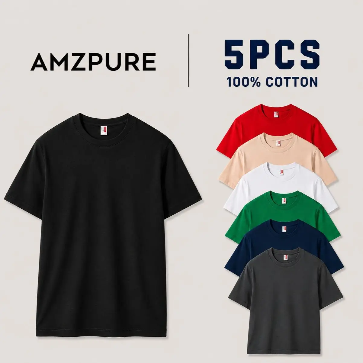 AMZPURE Men's 5-Pack 100% Cotton Slim Fit Crew Round Neck Casual T-Shirts - Super Soft, Tagless, Office/Outdoor Outfits Travel-Ready Tee Pack for Everyday Wear