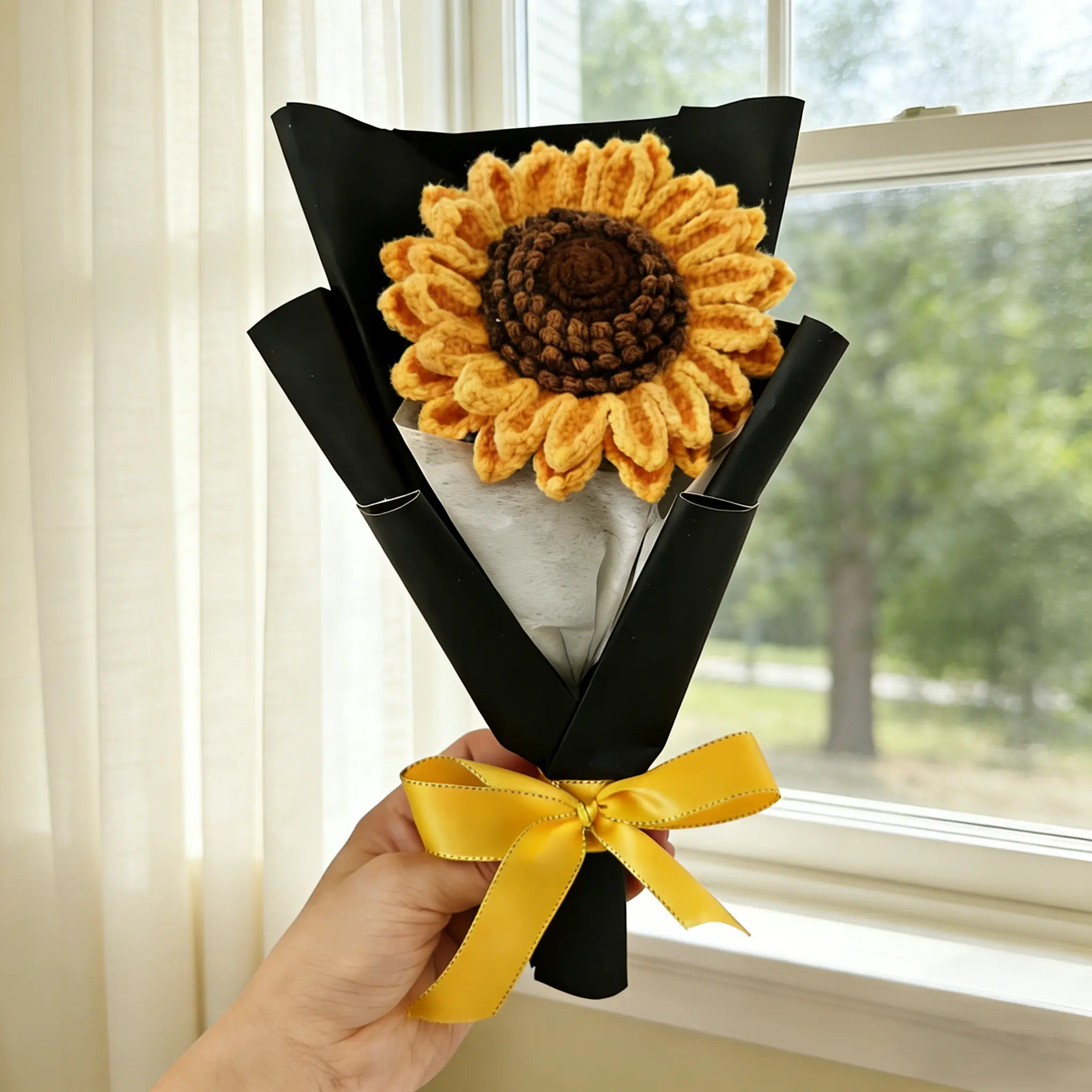 Crochet Sunflower Bouquet – Handmade Artificial Flowers for Mom & Friends, Home Decor, Father's Day Gifts Idea, Boyfriend Birthday Gift, Graduation Gifts, Lei for Graduation, Men's Gifts