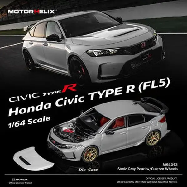 Motorhelix Honda Civic Type-R FL5 Sonic Grey Pearl w/ Custom Wheels 1/64 Scale w/ Removable Magnetic Hood and Acrylic Display Case