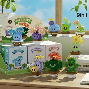 Cute Succulent Potted Plant, 9pcs/set DIY Building Model Creative Simulation Plant Flower Potted Blocks Toy, Desktop Decoration, Home Decor