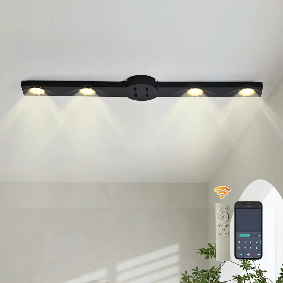 Garwarm 32.28 Inch Rotatable Flush Mount Light, 4 - Light Modern Dimmable Track Lighting with Remote, Black Low Profile Flush Mount Ceiling Light for Kitchen, Dining Room, Bedroom, Hallway, Wall Mount