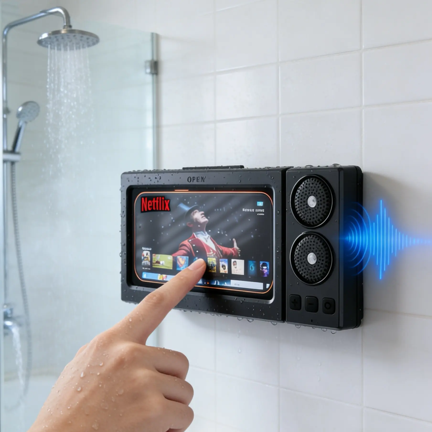 Waterproof box speaker, bathroom waterproof 360 ° rotating touch screen, Bluetooth speaker, watch movies, listen to music, phone holder Bluetooth speaker audio shower TV holder, swimming pool, kitchen, bathroom, sink, Waterproof Speakers