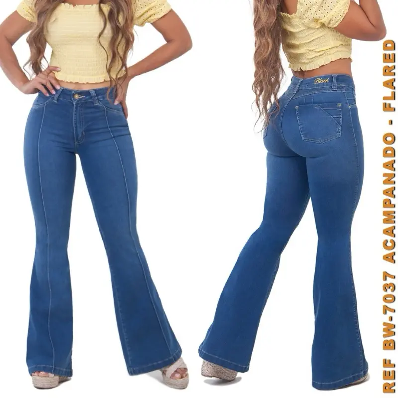 Women's B70-37 Colombian Luxury Denim Jeans - Blue, Mid Waist, Fitted, Stretchy, Comfortable, Casual Style, All Seasons Women's Bottoms, Female Bottoms